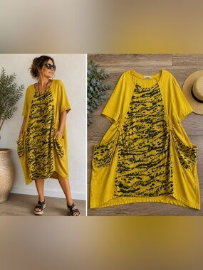 Transparente 100% Linen Dress XL Mustard Yellow Italy Oversized Lagenlook Boho